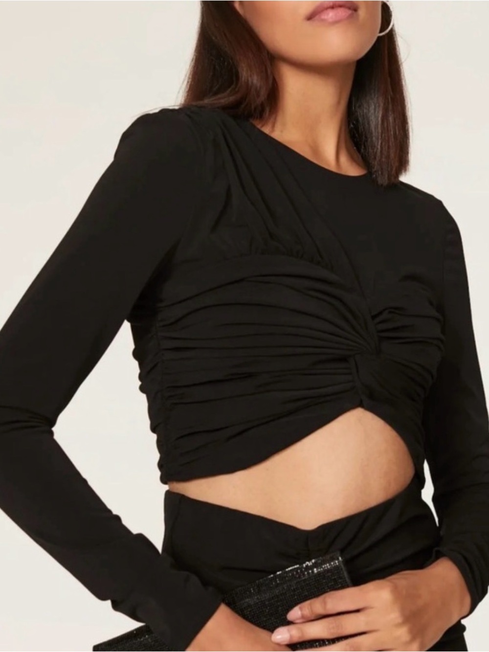 Cinq a Sept Alexa Black Ruched Twist Long-Sleeve Crop Top Size M